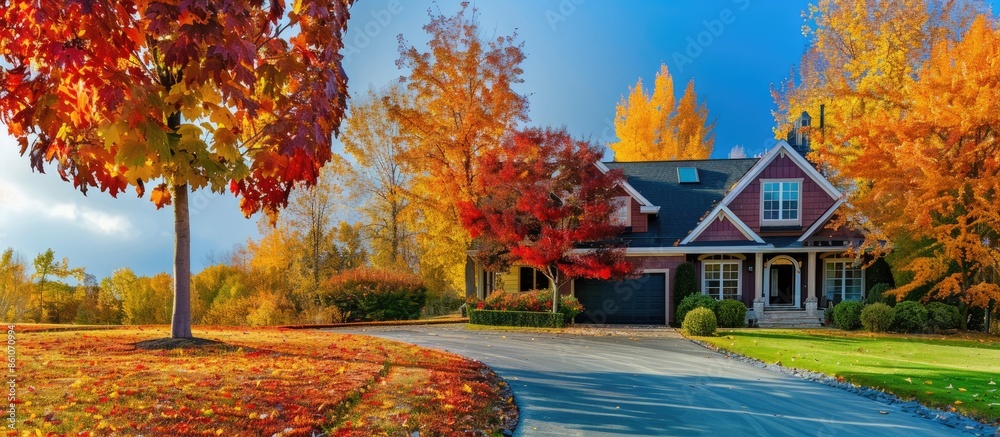 Poster autumn colorful trees and in the front yard of house. with copy space image. Place for adding text or design