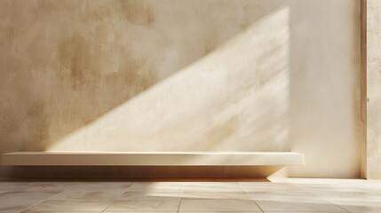 Pale sienna indoor wall, diffused sunlight, soothing shades of tan and cream, creating a serene atmosphere.