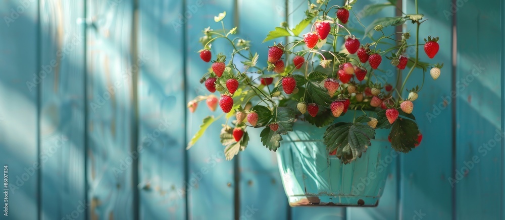 Leinwandbilder vase with wild strawberries in a flowerpot hanging on a fence pastel background. with copy space ima