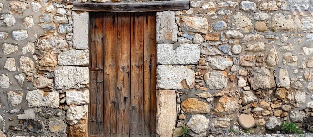 Poster Old wooden door in stone building. with copy space image. Place for adding text or design