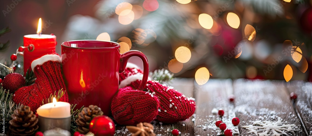 Aufkleber A Christmas red mug in the background with mittens and candles. with copy space image. Place for adding text or design