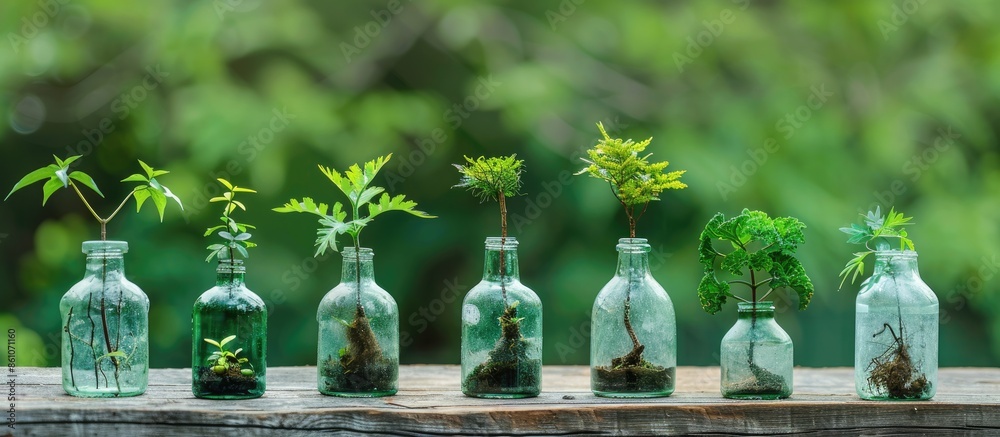 Fototapete small trees grown in glass bottles. with copy space image. place for adding text or design