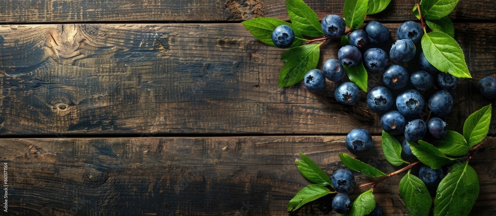 Aufkleber blueberries with blueberry leaves on a old wooden table. with copy space image. place for adding tex