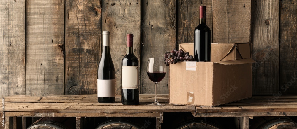 Aufkleber New unlabeled cardboard boxes on a rustic brown wooden table next to a retro wine crate isolated on white. with copy space image. Place for adding text or design