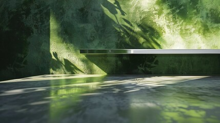 Fototapeta premium Shiny chrome table, moss green indoor wall, low angle shot, calming tones of basil and olive, creating a peaceful atmosphere.