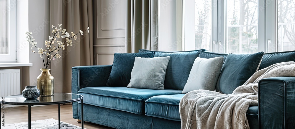Poster Comfortable sofa with placed in living room of apartment with windows with dining area. with copy space image. Place for adding text or design