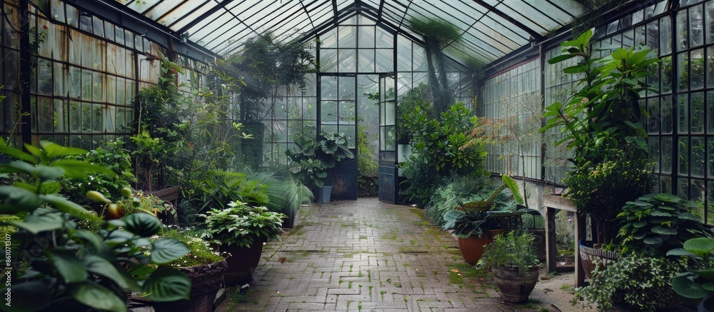 Poster the greenhouse in a italian garden . with copy space image. place for adding text or design