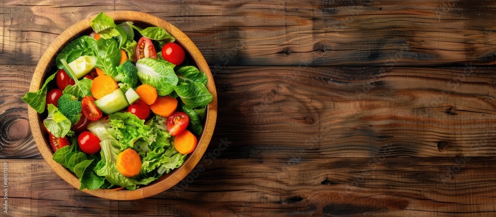 Poster mixed vegetables in wooden bowl on kitchen table, top view. copy space image. place for adding text 