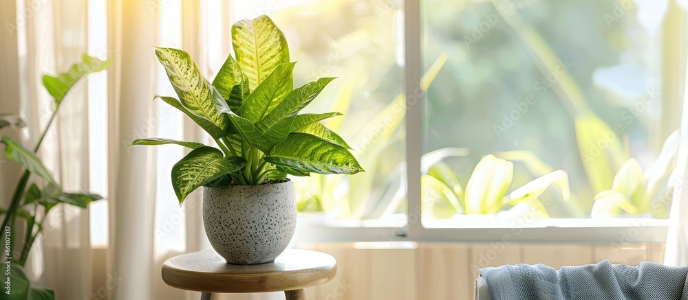 Aufkleber dieffenbachia plant in a pot on a stool by the window. retro interior in light colors. background wi