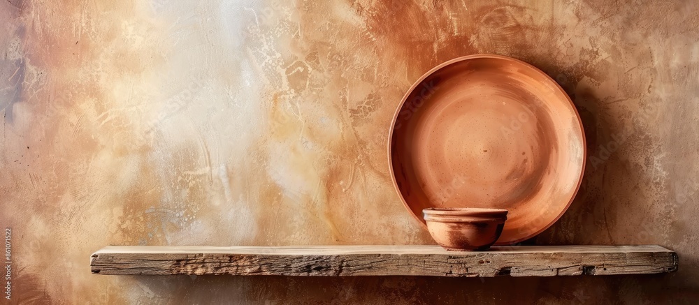 Aufkleber a clay plate is on a wooden shelf. with copy space image. Place for adding text or design