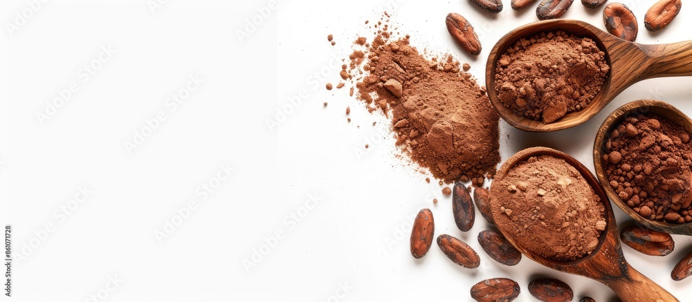 Aufkleber cocoa drink and cocoa powder with cacao beans in wooden spoon isolated on white background. top view