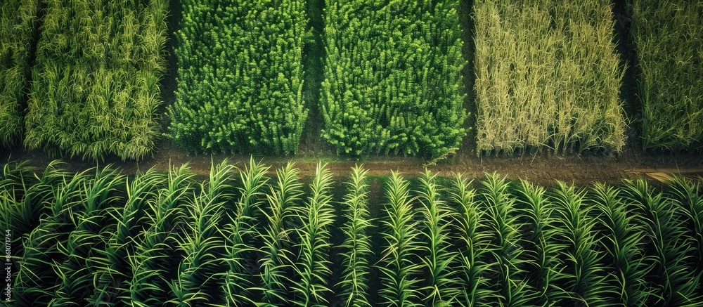 Poster Aerial view of sugarcane plants growing at field. with copy space image. Place for adding text or design