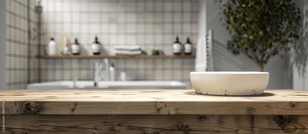 Poster Empty tabletop for product display with blurred bathroom interior background. with copy space image. Place for adding text or design