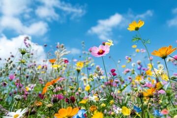 Obraz premium A field of flowers with a blue sky in the background