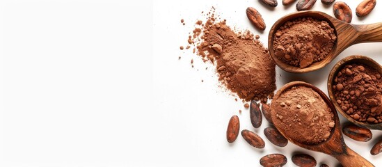 Cocoa drink and cocoa powder with cacao beans in wooden spoon isolated on white background. Top view. Flat lay. Copy space image. Place for adding text or design