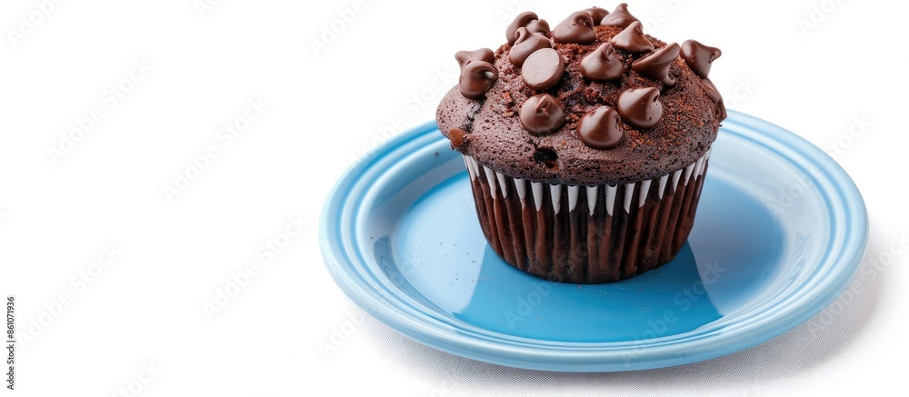 Poster organic homemade vanilla chocolate butter cup cake muffin bread is on the blue plate and isolated on white background (clipping path included). with copy space image. Place for adding text or design