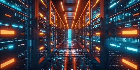 Fototapeta premium wallpaper of a data center room, hall of data server, technology, digital, light, business, data, design, computer, illustration, internet, futuristic, 2:1