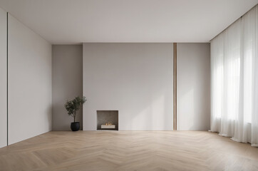 Spacious modern minimalist living room with white walls wooden floors fireplace and large windows with sheer curtains