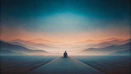 Misty Sunrise and a lonely person on art background