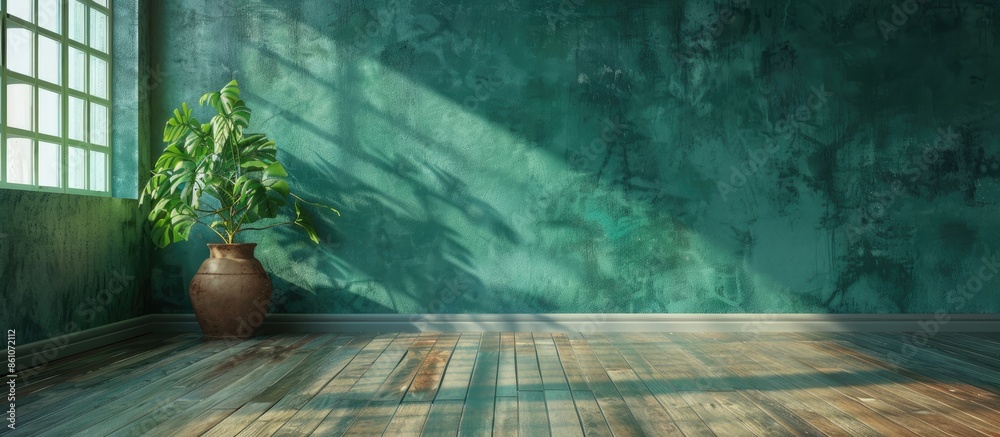 Poster empty interior with green wall. with copy space image. Place for adding text or design