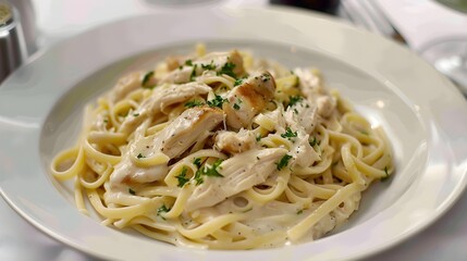 Cream chicken Pasta Spaghetti noodles, on a plate Plain and rustic vibe background, Banner wallpaper healthy lifestyle, HD Food photography, menu concept, home cooked 