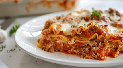 Fototapeta premium Beef Lasagna on a white plate, minimal, Food photography, HD, banner wallpaper