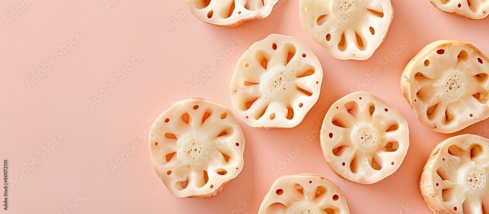 Aufkleber fresh lotus root Isolated on pastel background  Food. with copy space image. Place for adding text or design