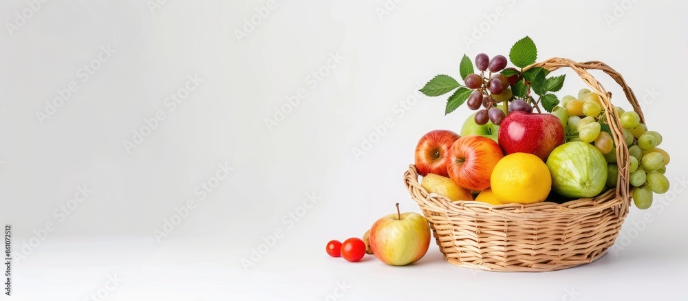 Leinwandbilder a fruits and vegetables basket in the white background. copy space image. place for adding text or d