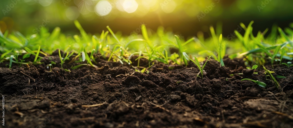 Poster Close up of soil with green grass on the top layer. Part of exposed soil under bed of grass of lawn. Details of earth or ground. with copy space image. Place for adding text or design