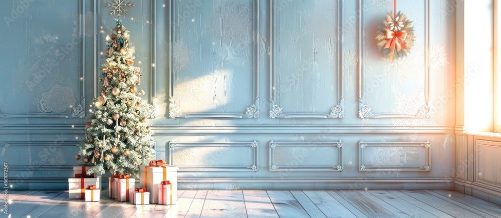 Poster Christmas and New Year decorated interior room with presents and New year tree. with copy space image. Place for adding text or design