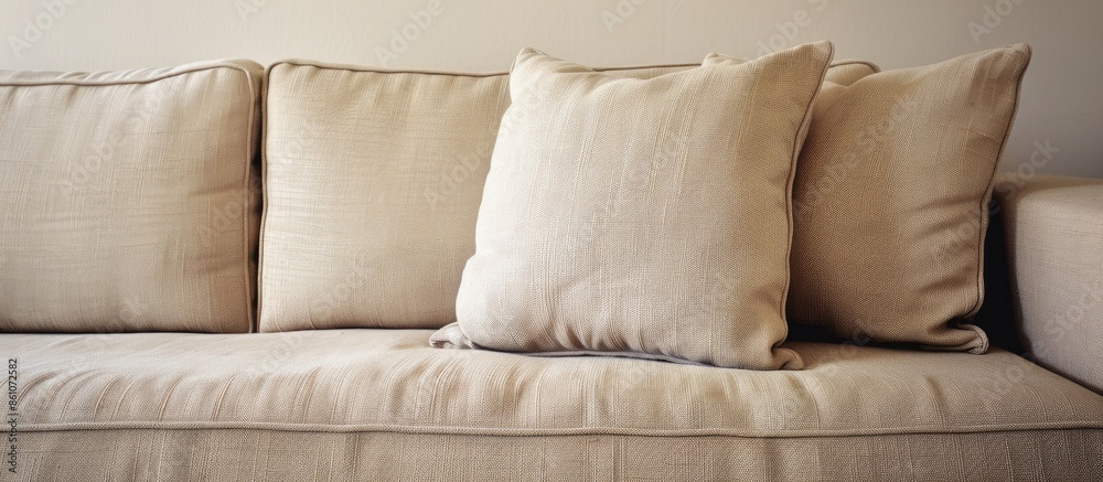 Poster a detail shot of a beige couch in a living room. with copy space image. place for adding text or des