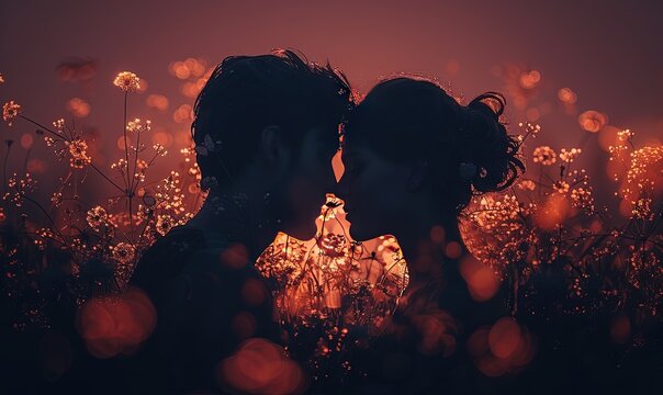 True love, silhouette of a couple among petals, magic lights and hearts, the concept of true love