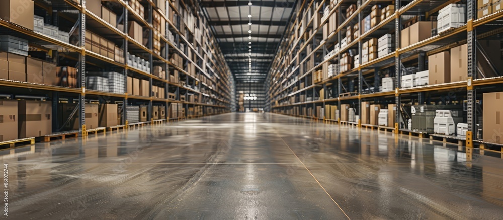 Poster interior of warehouse. rows of shelves with boxes. copy space image. place for adding text or design