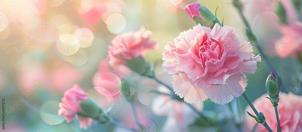 Leinwandbilder a pink carnation flower in a summer garden was captured on camera at close range pastel background. 