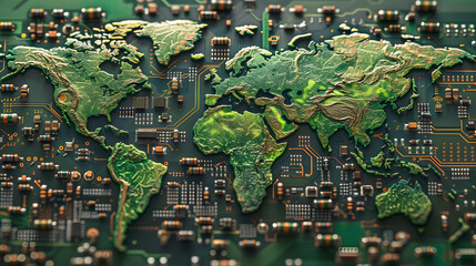 Global map made of electronic circuit board components symbolizing world trade and global electronics market. Concept Technology in Global Trade, Circuit Board World Map, Global Electr