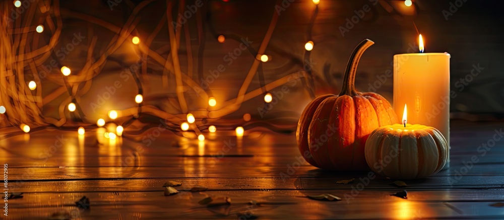 Aufkleber Halloween - Jack O' Lanterns - Candles And String Lights On Wooden Table. Copy space image. Place for adding text or design