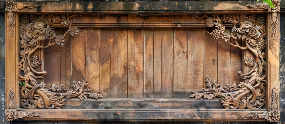 Aufkleber Carving wooden window with the tree background. with copy space image. Place for adding text or design