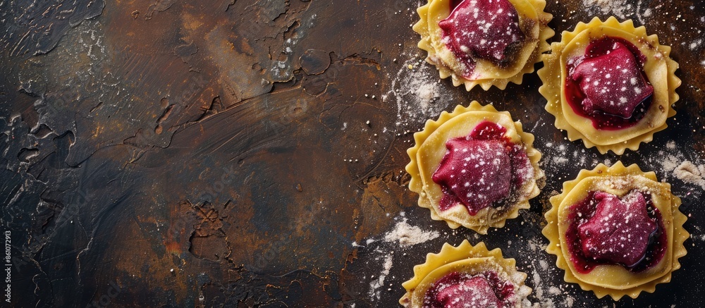 Aufkleber three fresh homemade raw ravioli with red beet infilling. with copy space image. Place for adding text or design