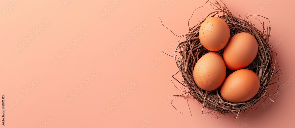 Leinwandbilder Two brown chicken eggs in a nest on a pastel background. with copy space image. Place for adding text or design