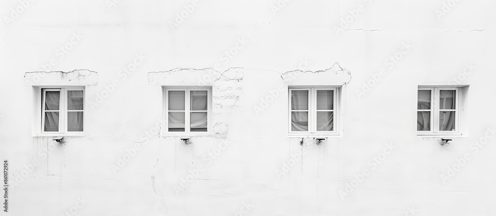 Poster White wall of building with small windows and drainage view. with copy space image. Place for adding text or design