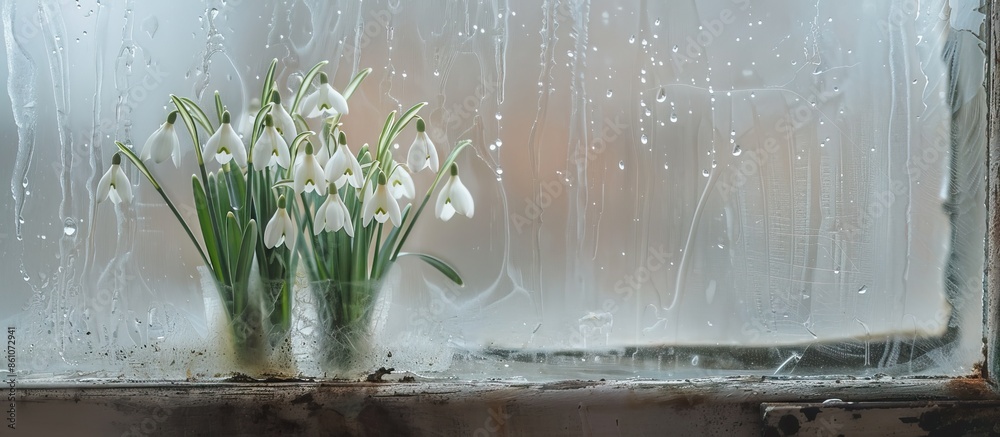 Poster Snowdrop flowers in a dirty window in the spring. with copy space image. Place for adding text or design