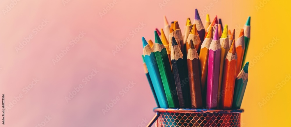 Poster Colored pencils stand in the case isolated pastel background. with copy space image. Place for adding text or design