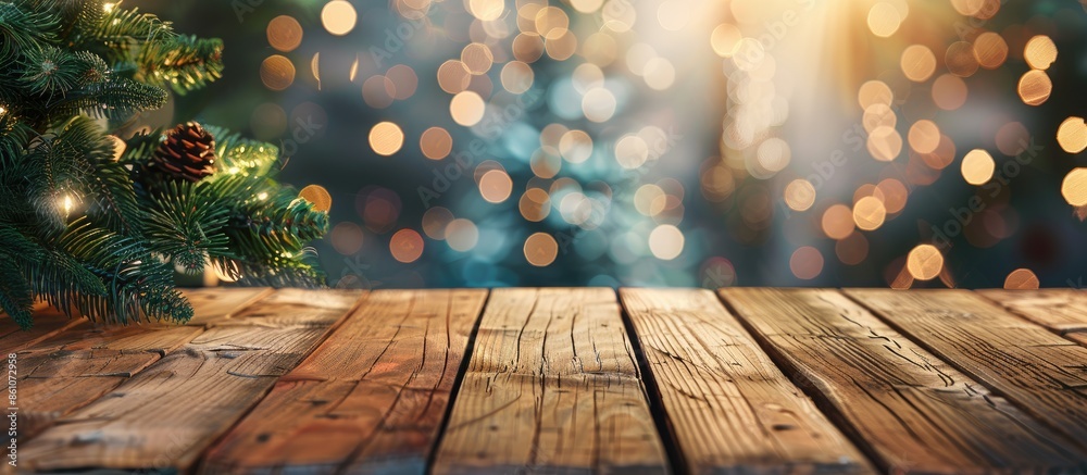 Aufkleber blurred background of xmas tree and retro wooden desk space . with copy space image. Place for adding text or design
