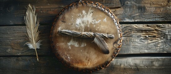 A top view image of a handmade leather meditation drum with sacred feather and sage smudge sticks. with copy space image. Place for adding text or design