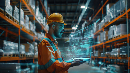 Engineer in Hard Hat Using Digital Tablet in Automated Warehouse. Concept of Smart Logistics and Digital Supply Chain Management. Background of Innovation and Efficiency.