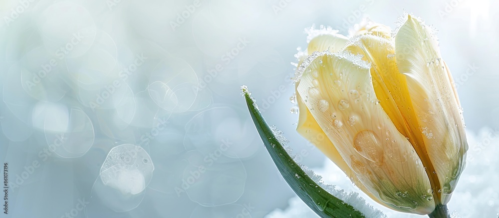 Fototapete yellow tulip, frozen in ice pastel background flower. with copy space image. place for adding text o