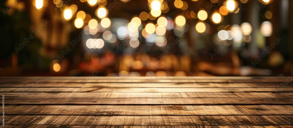 Poster Empty wooden table top with lights bokeh on blur restaurant background. with copy space image. Place for adding text or design