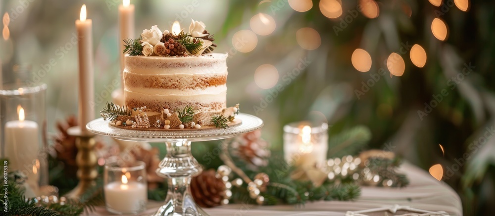 Poster cake on a glass stand on a wedding table decorated with pine branches, candles and burlap. copy spac
