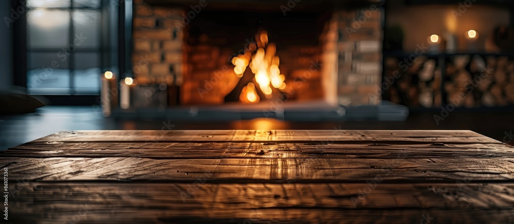 Aufkleber wooden table of free space for your decoration and fireplace in home interior . with copy space imag