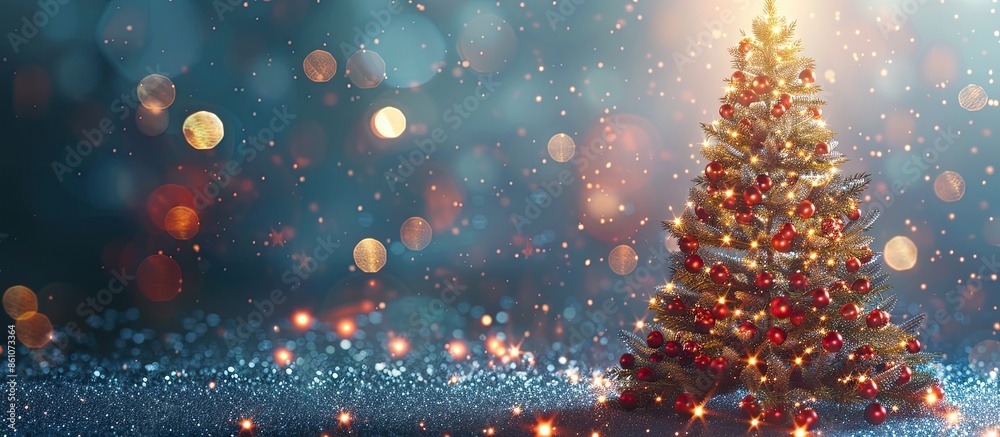 Aufkleber glowing christmas tree near light wall, closeup. with copy space image. place for adding text or des